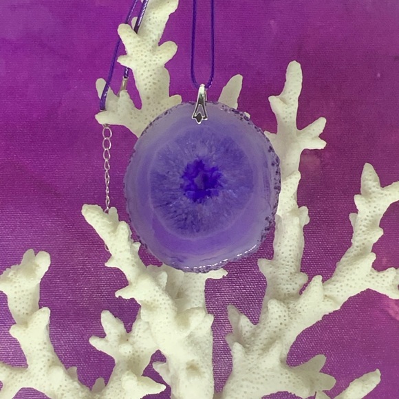 Handcrafted Purple Onyx Druzy Geode Agate Slice Necklace on Waxed Cotton Cord - Picture 4 of 14
